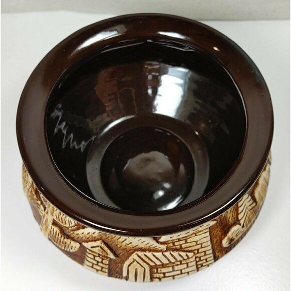 VTG Sunrise Brown Pottery Carved Clay Lid Houses Trees Outdoor 3D Design Glazed - Picture 4 of 12